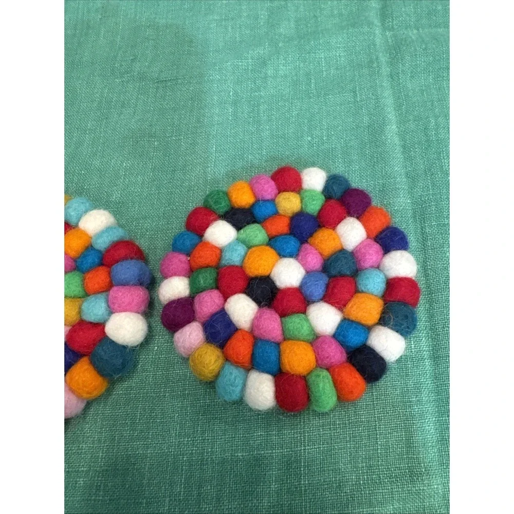 Round Felt Ball Coasters Felted  Wool Insulation Pad Set Of 2‎ Multi  Colored
